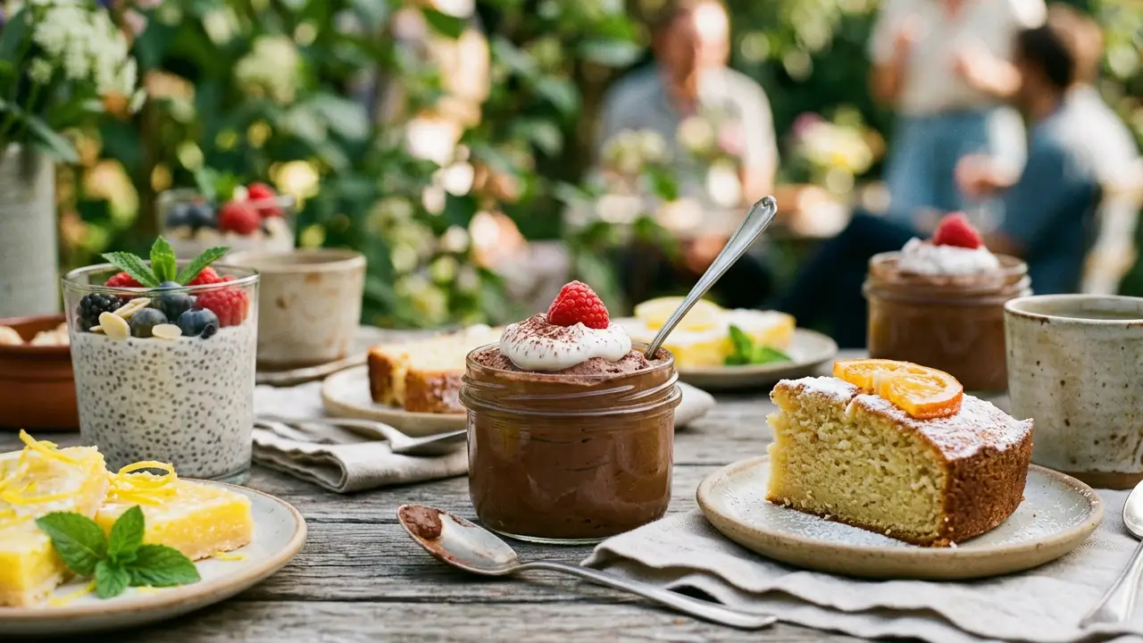 Sobremesas sem lactose como mousse, bolo e doces preparados com ingredientes alternativos ao leite