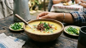 Caldo de Mandioca com Carne Desfiada