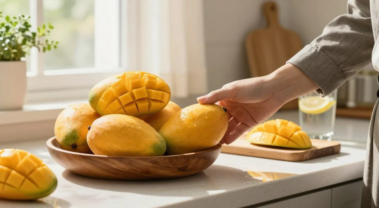 Mangas maduras inteiras e cortadas sobre uma bancada de cozinha, representando cuidados para conservar a fruta depois da compra.