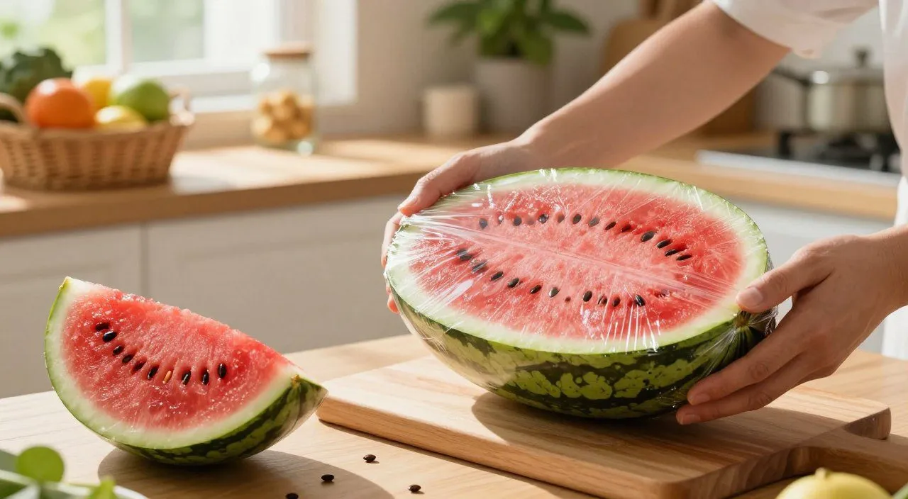 Melancia cortada sendo protegida para armazenamento, representando cuidados para conservar a fruta depois da compra.