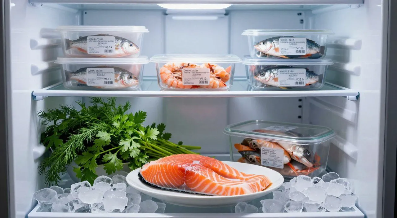 Peixe fresco armazenado em recipiente adequado dentro de uma geladeira organizada, representando cuidados com conservação e segurança dos alimentos.