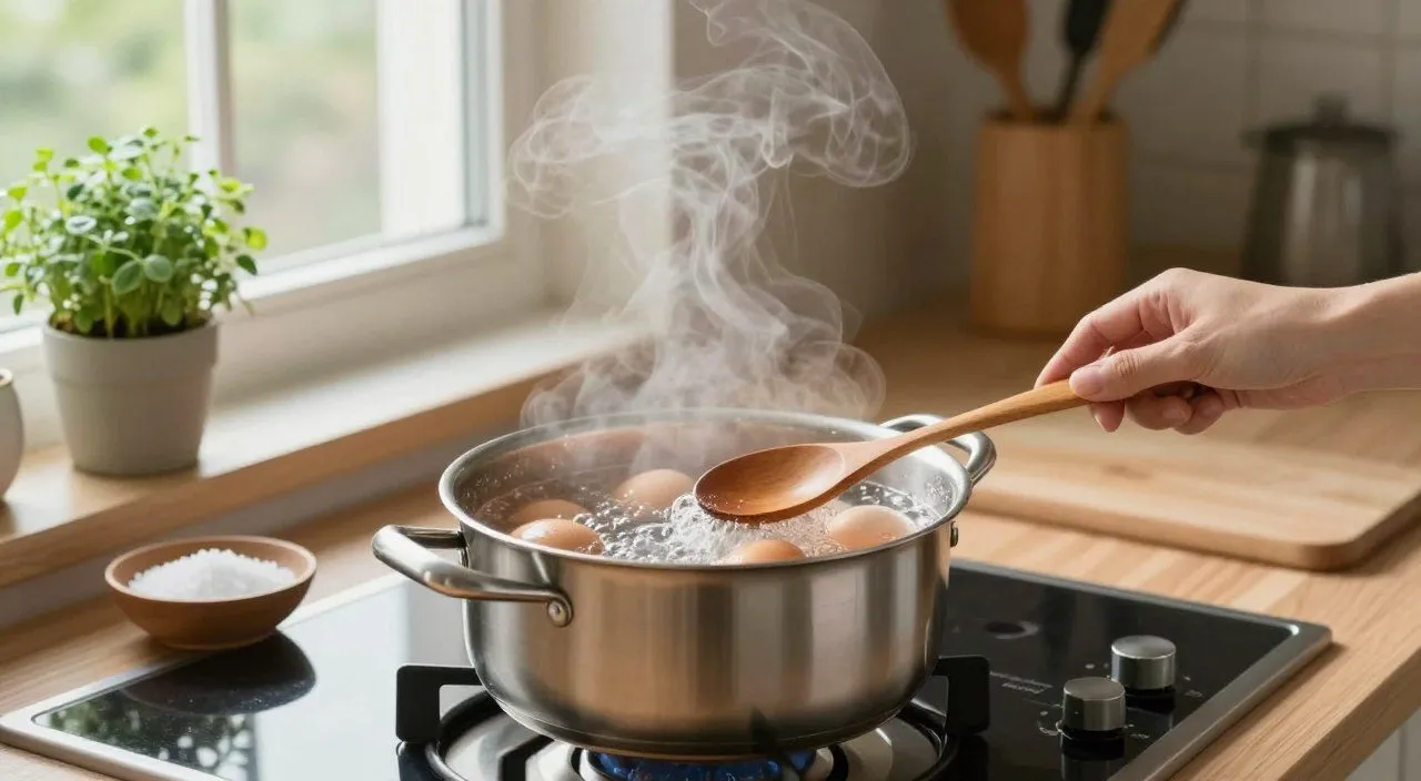 Ovos sendo cozidos em uma panela com água quente sobre o fogão, representando diferentes pontos de cozimento.
