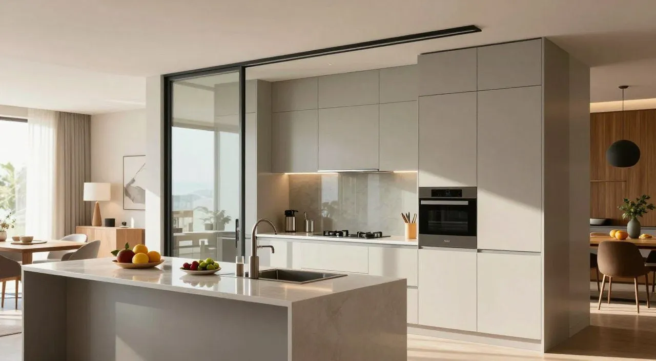 Cozinha semiaberta moderna com divisória de vidro, ilha central e integração visual com a sala de jantar.
