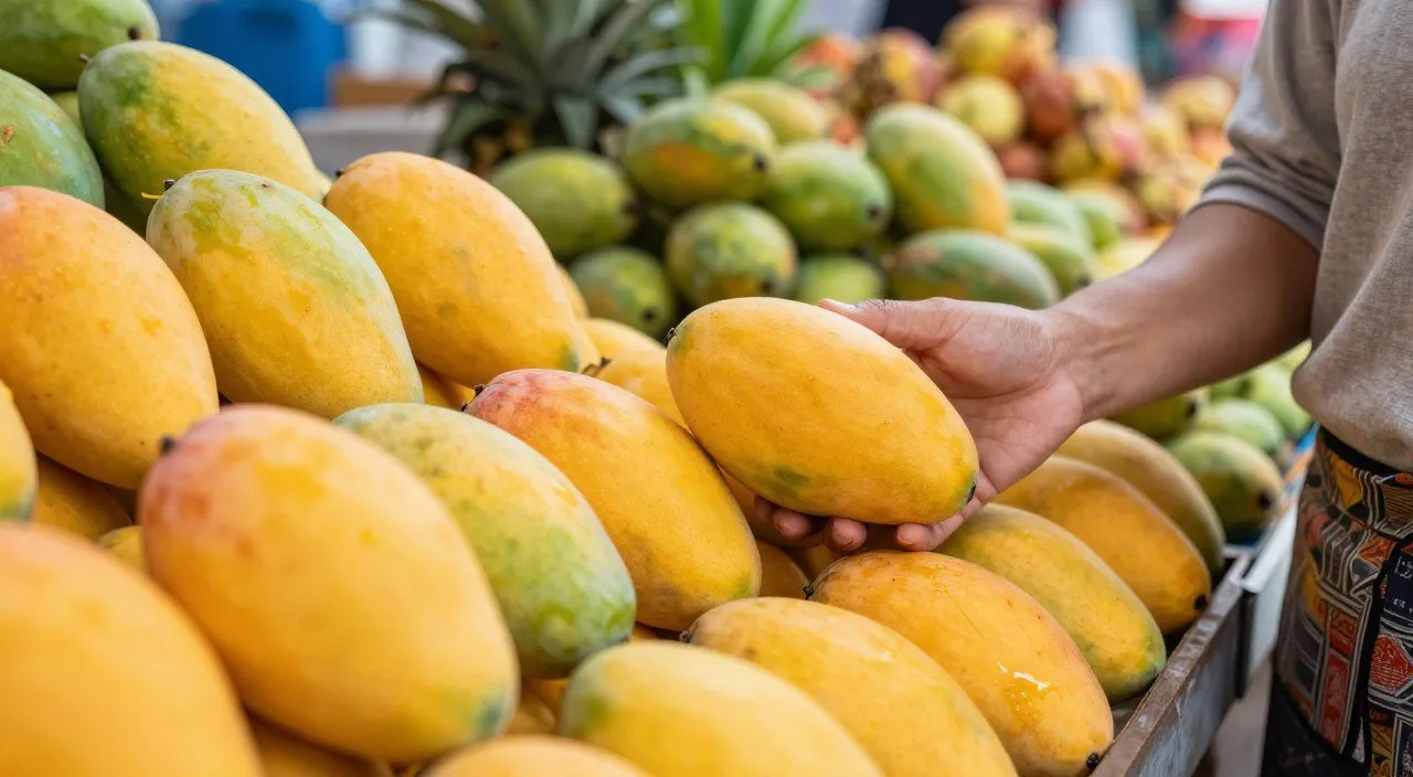 Pessoa examinando mangas maduras de diferentes tonalidades em uma banca de frutas para avaliar o ponto de consumo.
