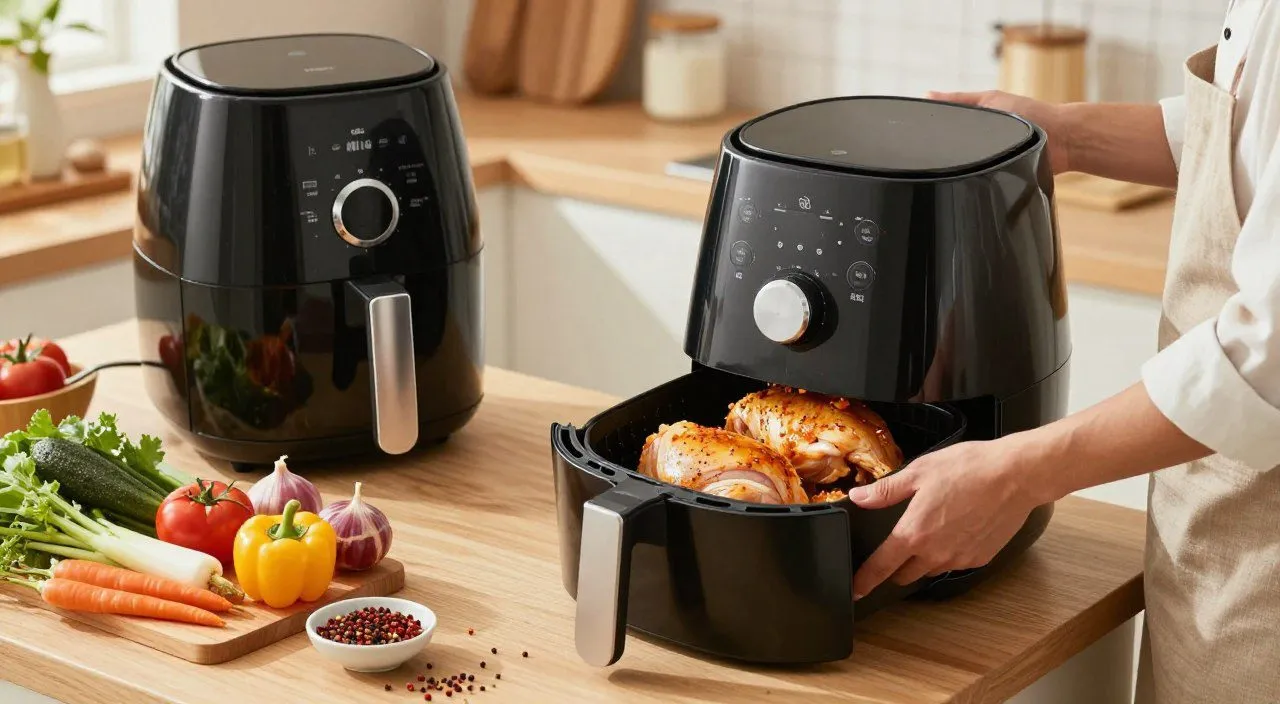 Frango temperado sendo colocado no cesto da air fryer ao lado de vegetais e temperos preparados para o cozimento.