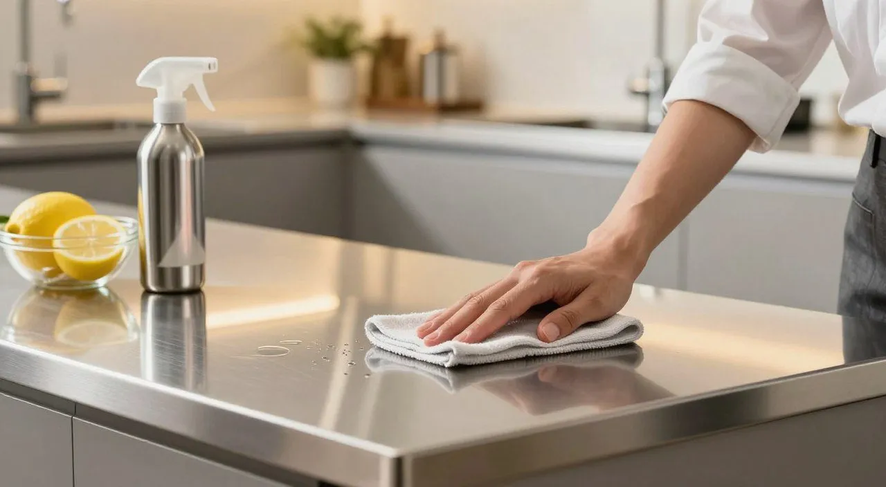 Superfície de inox sendo seca com pano de microfibra para evitar manchas e marcas deixadas pela água.