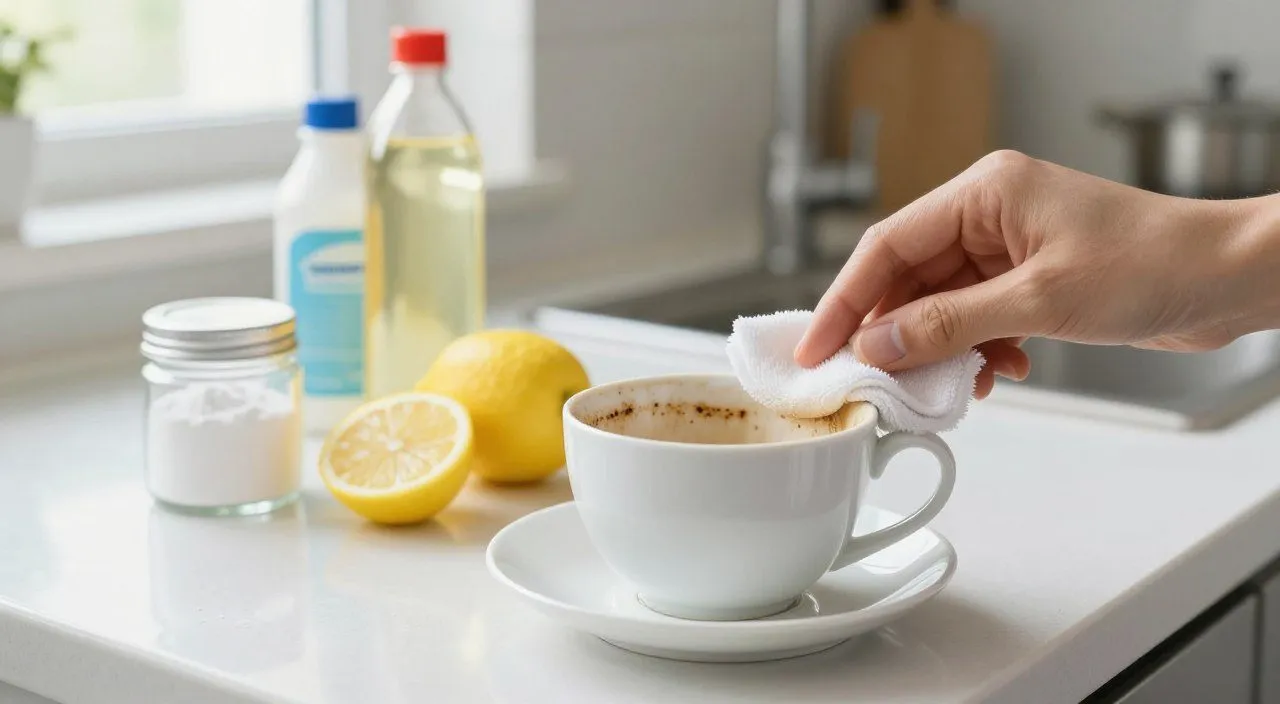 Xícara branca sendo limpa por dentro para evitar o acúmulo de novas manchas de café.