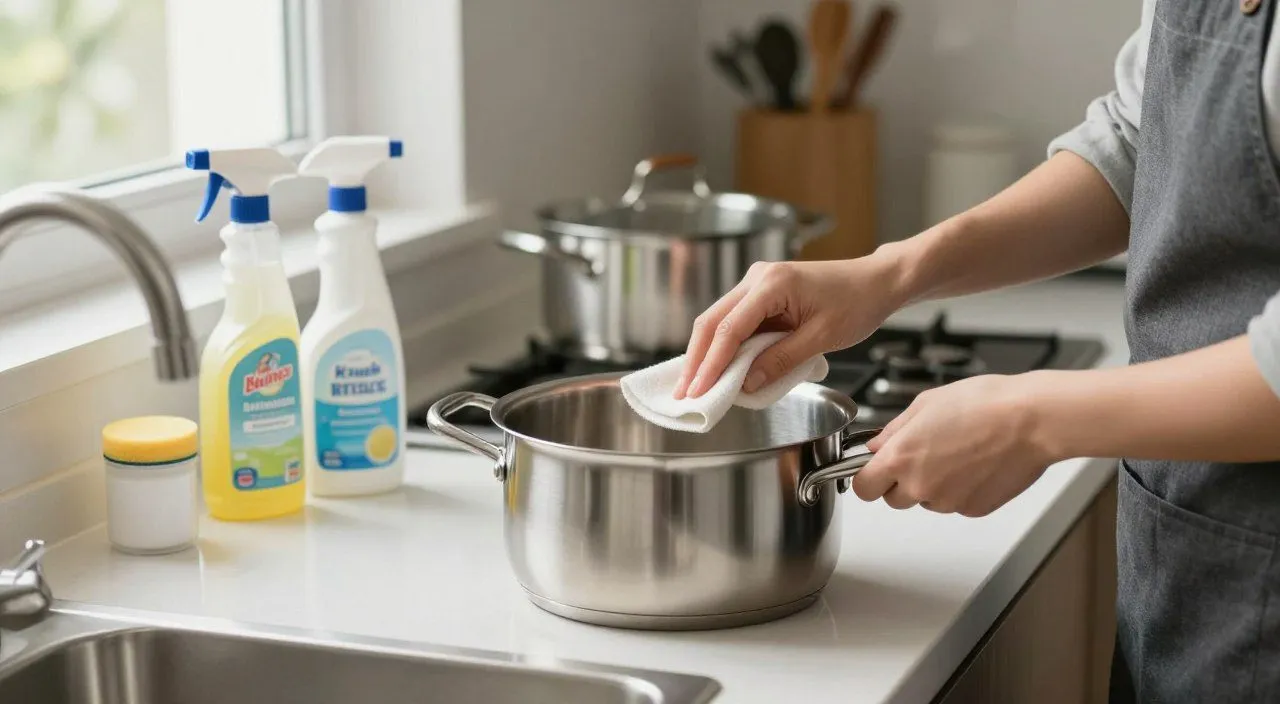 Panela de inox sendo polida com pano macio sobre uma bancada, representando cuidados para evitar novas manchas amareladas.