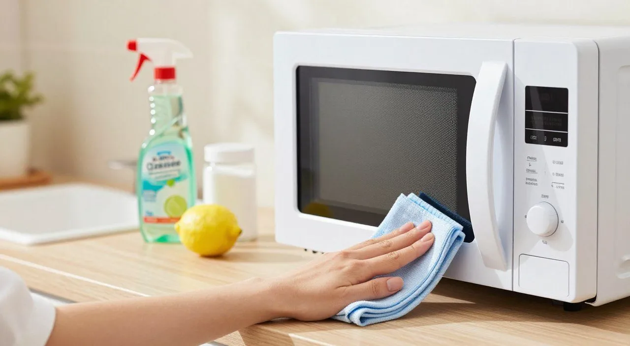 Pessoa limpando o interior do micro-ondas com um pano para ajudar a evitar o acúmulo de resíduos e odores de alimentos.