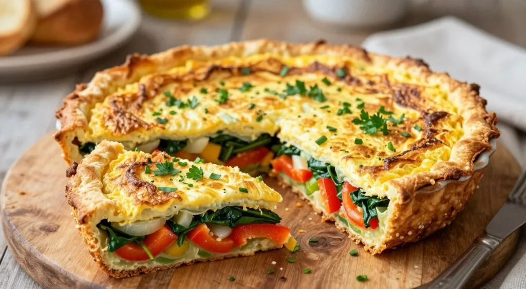 Omelete de forno dourado e macio com pimentão, espinafre, cebola e ervas frescas servido em uma travessa.