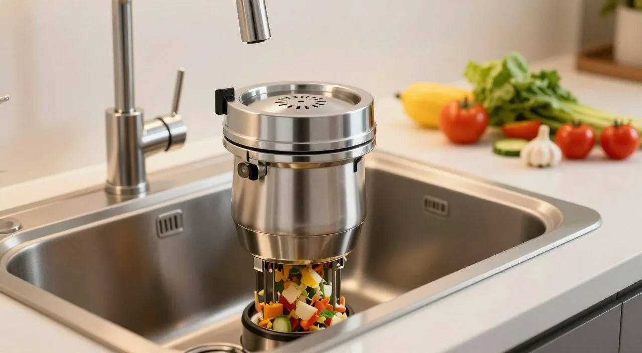 Pia de cozinha moderna com triturador de resíduos instalado abaixo do ralo para processar pequenos restos de alimentos.