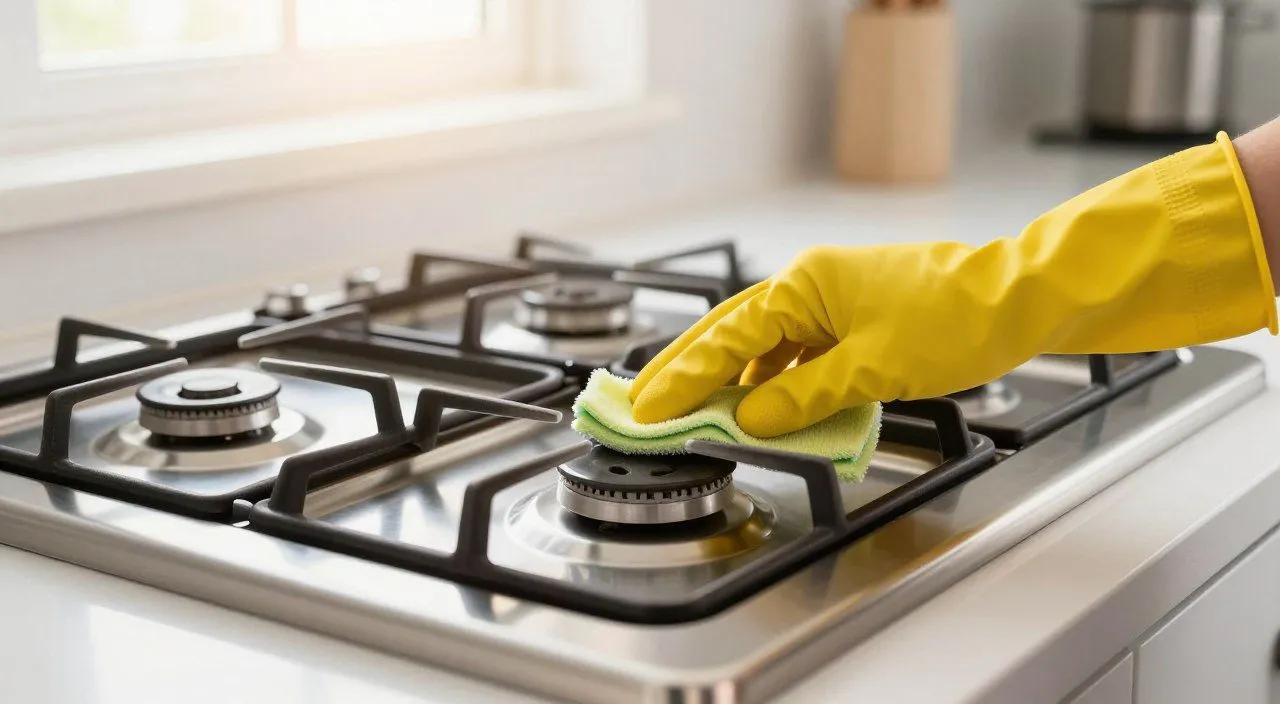 Boca de fogão a gás sendo limpa com cuidado para remover sujeira e resíduos que podem causar entupimento.