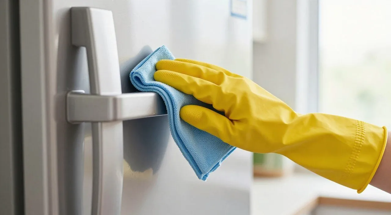 Pessoa usando luva e pano de microfibra para limpar a maçaneta de uma geladeira de aço inox.