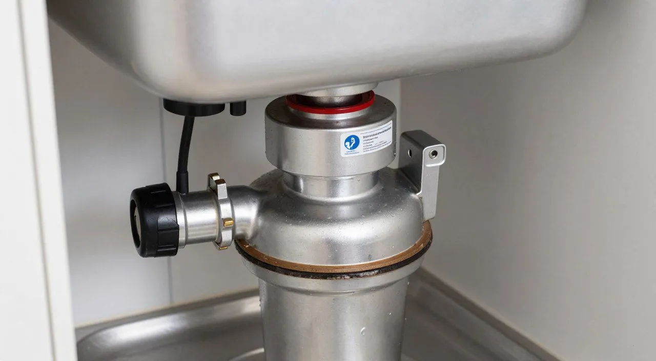 Limpeza do triturador de resíduos instalado sob uma pia de cozinha de aço inox.