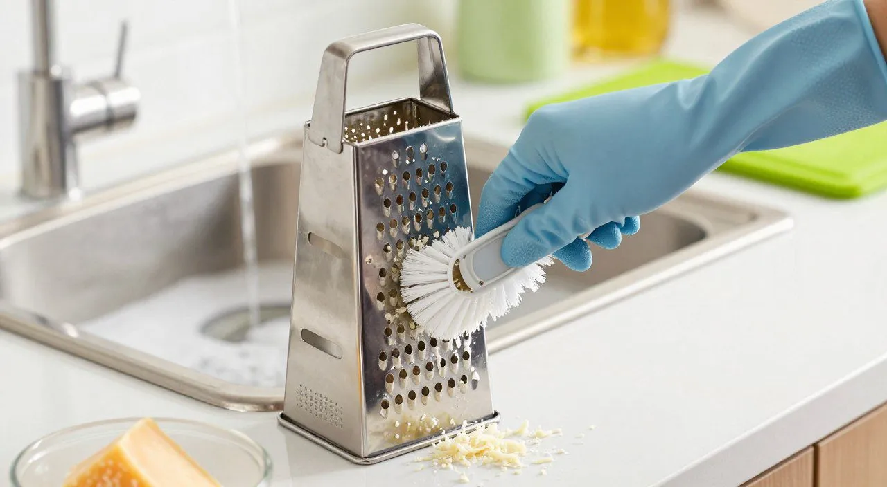 Ralador de queijo sendo limpo com escova macia para remover pequenos resíduos presos nos orifícios.