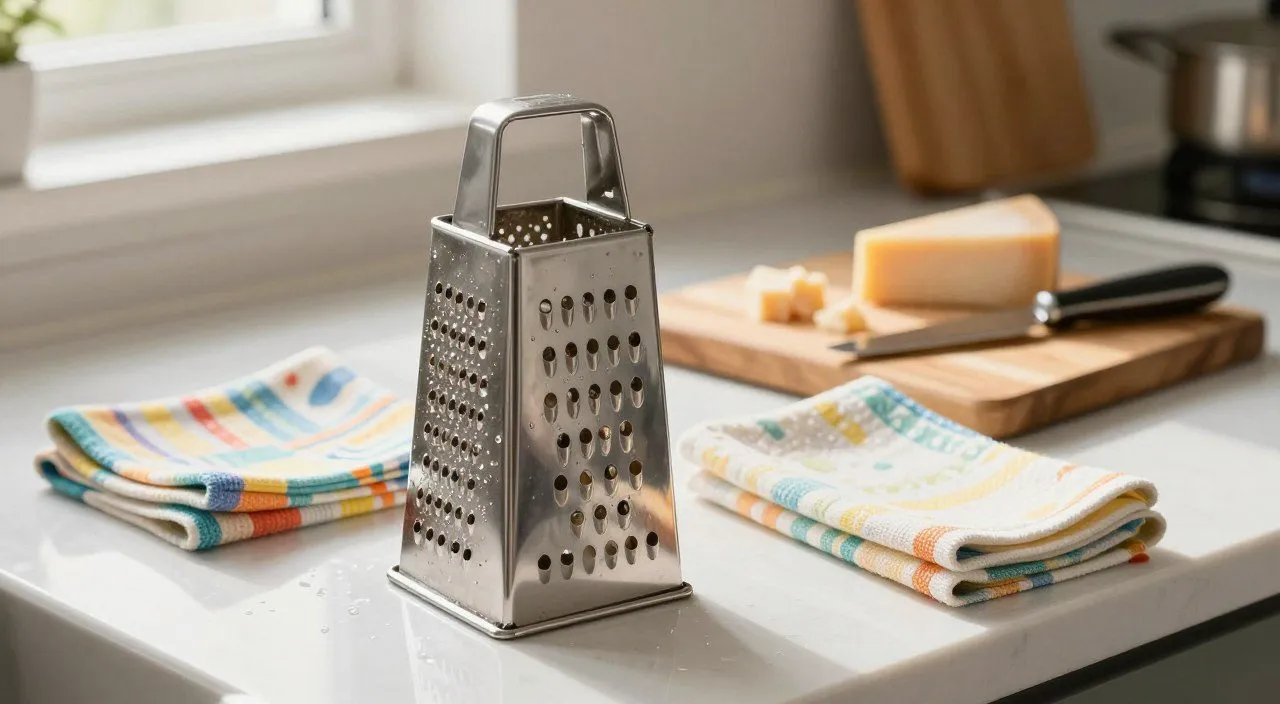 Ralador de queijo de aço inox recém-lavado ao lado de um pano limpo sobre uma bancada de cozinha.