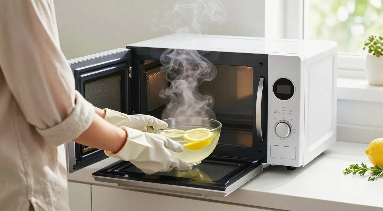 Recipiente com água e limão dentro do micro-ondas em uma cozinha limpa, representando cuidados para reduzir odores de alimentos.