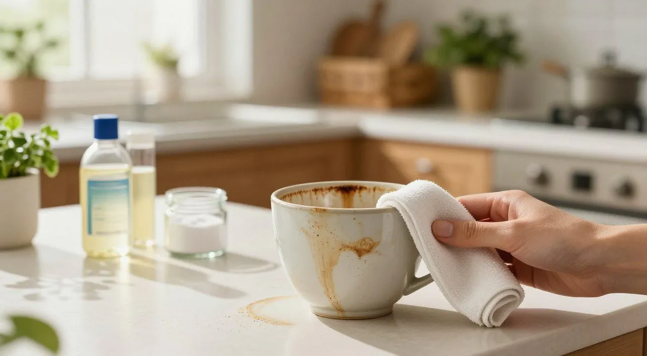 Xícara de cerâmica com manchas de café sendo limpa com um pano sobre uma bancada de cozinha.