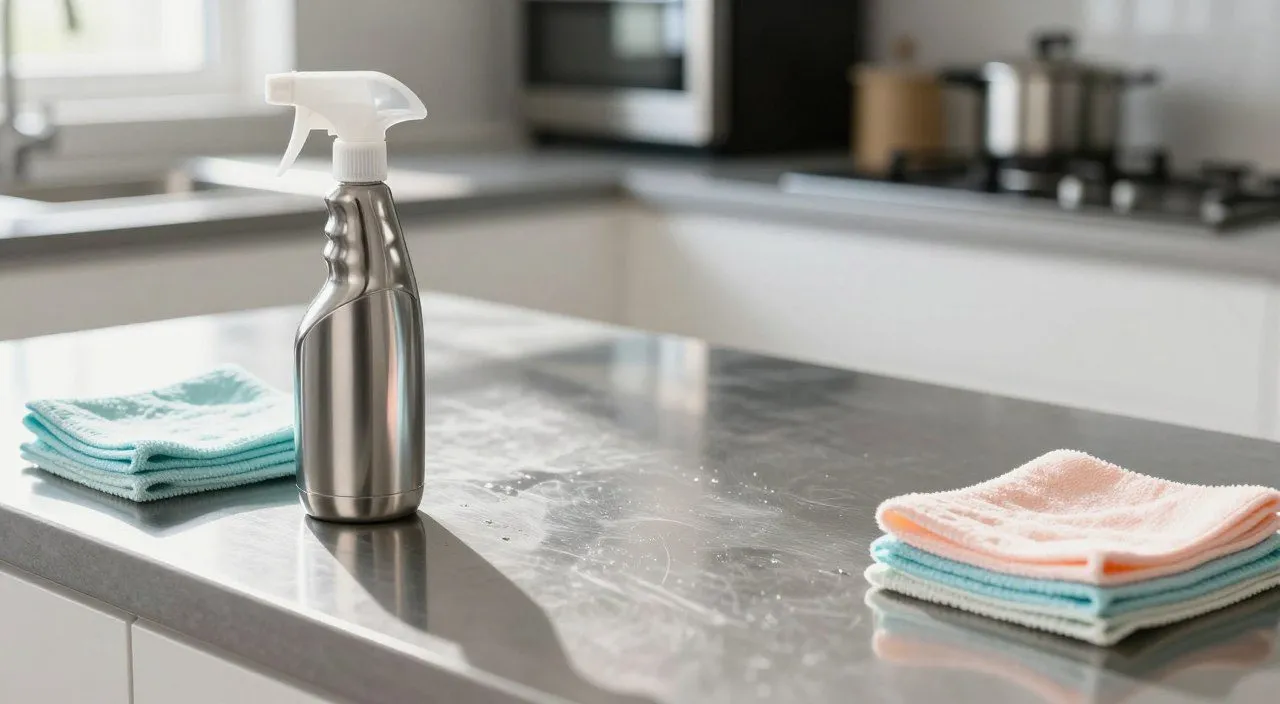 Superfície de inox sendo limpa com pano de microfibra para remover manchas e marcas deixadas pela água.