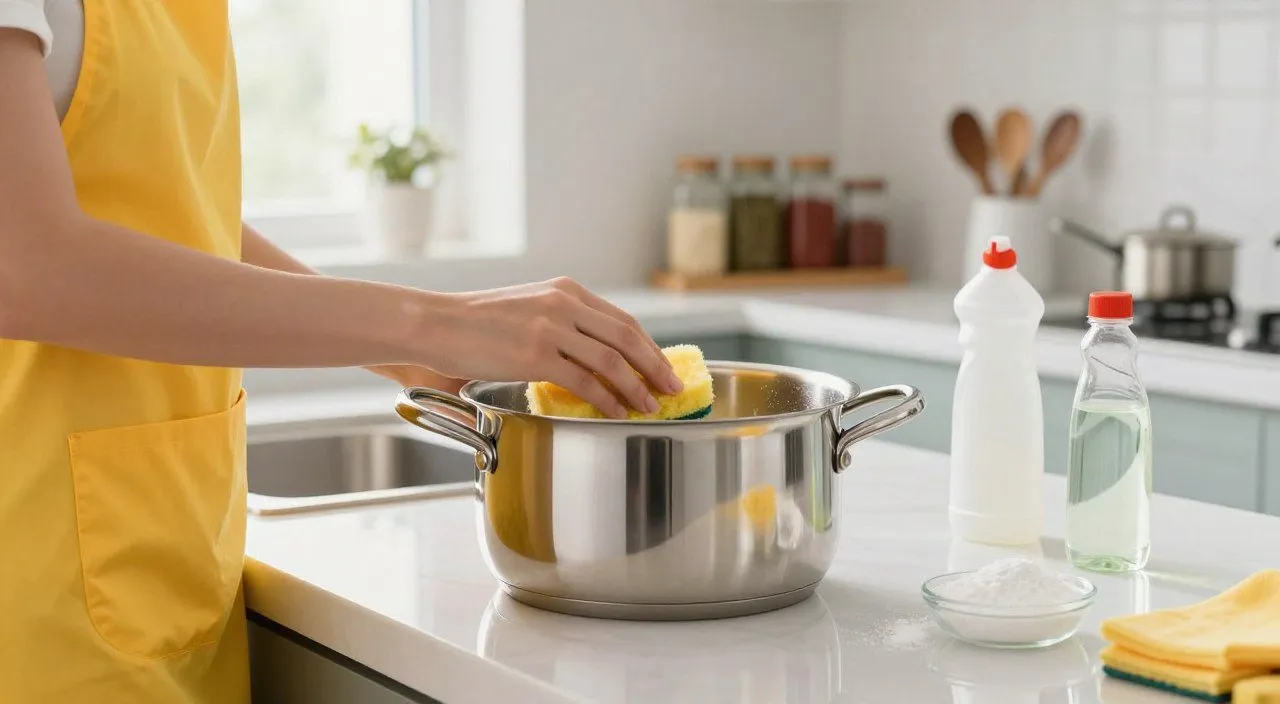 Panela de inox com manchas amareladas sendo limpa com esponja macia sobre uma bancada de cozinha.