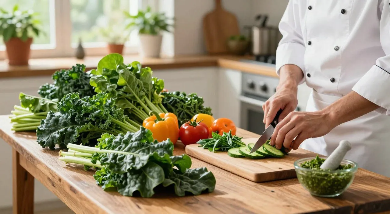 Verduras verde-escuras como couve, espinafre e acelga sendo preparadas sobre uma tábua de cozinha.