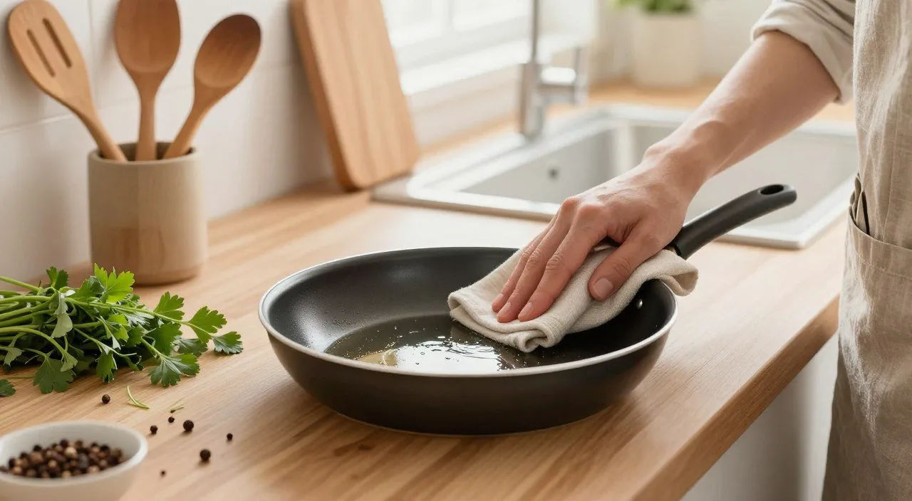 Frigideira sendo limpa cuidadosamente com pano macio, acompanhada por utensílios de cozinha sobre uma bancada de madeira.
