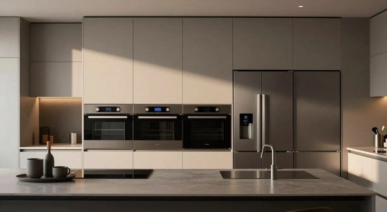 Cozinha moderna com forno, geladeira e lava-louças embutidos e integrados aos armários planejados.