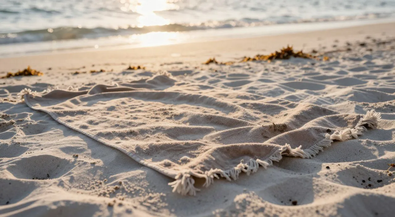 Toalha de praia áspera e desbotada sobre a areia, com fibras desgastadas e bordas desfiadas.