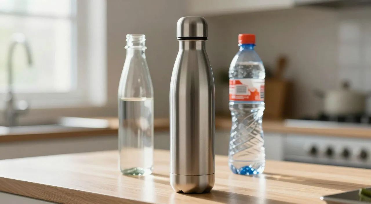Garrafas de água de inox, vidro e plástico sobre uma bancada de cozinha, representando diferentes opções de materiais.