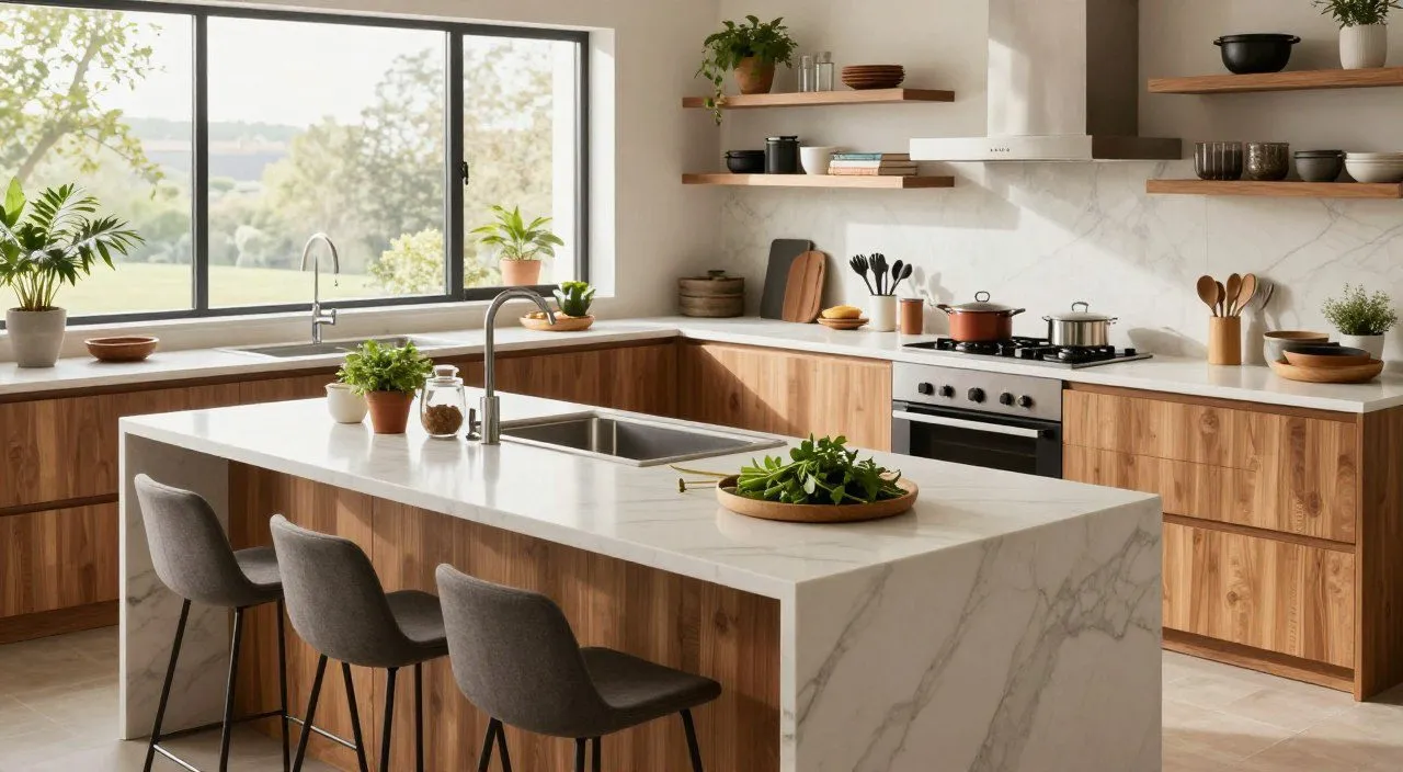 Cozinha semiaberta moderna com ilha central, banquetas e integração parcial com os demais ambientes da casa.