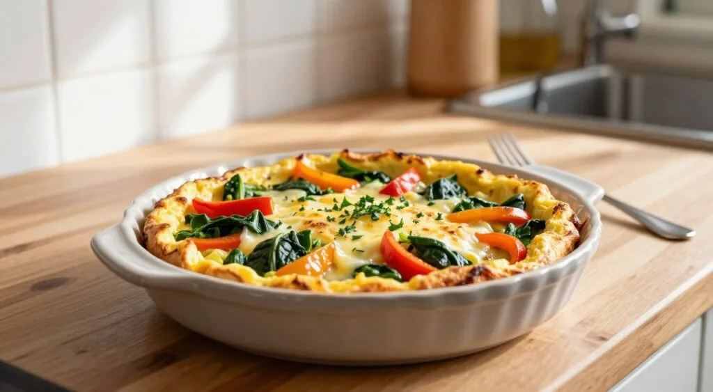 Omelete de forno dourado com vegetais e ervas servido em uma travessa sobre a bancada da cozinha.