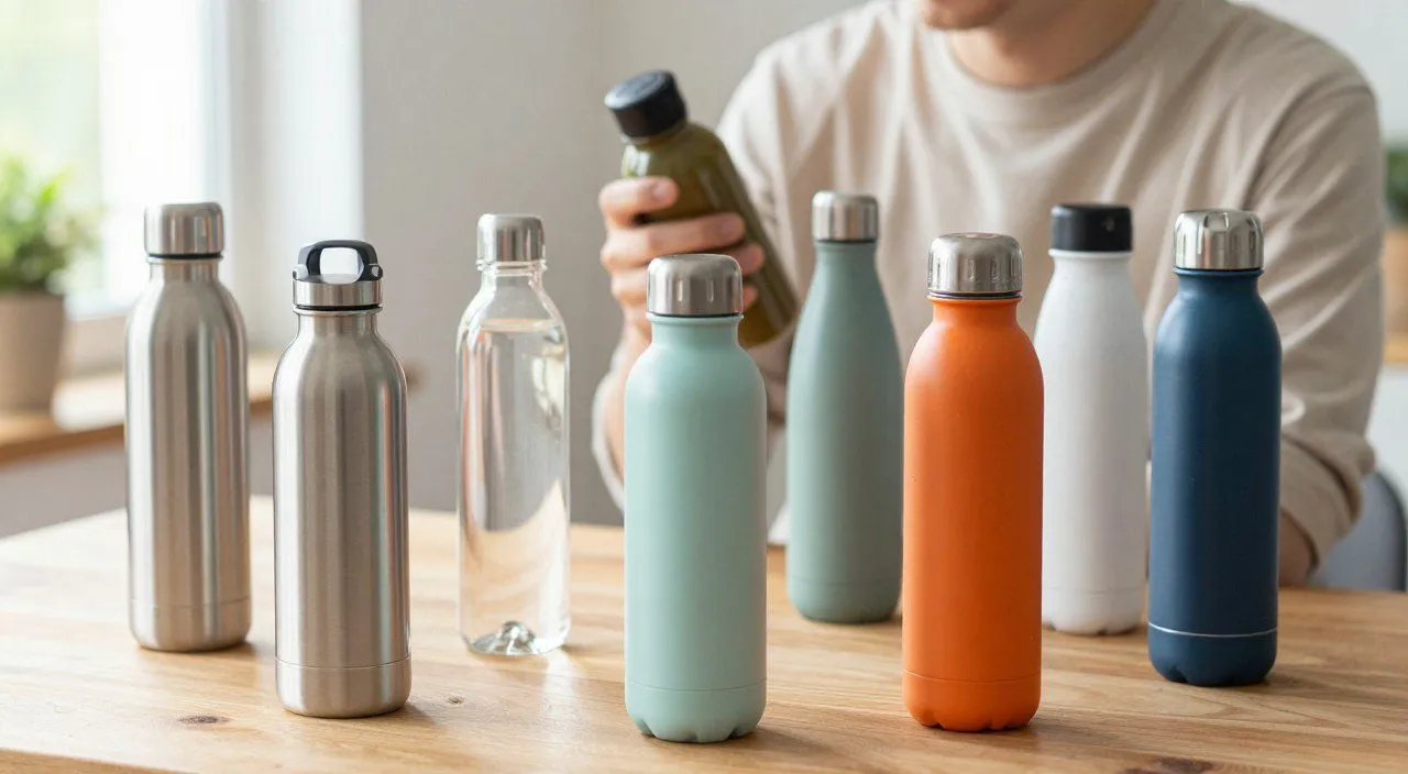 Pessoa comparando garrafas de água de inox, vidro e plástico de diferentes tamanhos e formatos antes da escolha.
