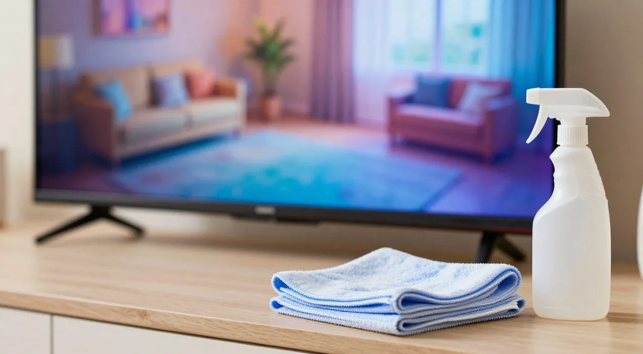 Tela de televisão limpa ao lado de pano de microfibra e produto próprio para limpeza de telas e aparelhos eletrônicos.