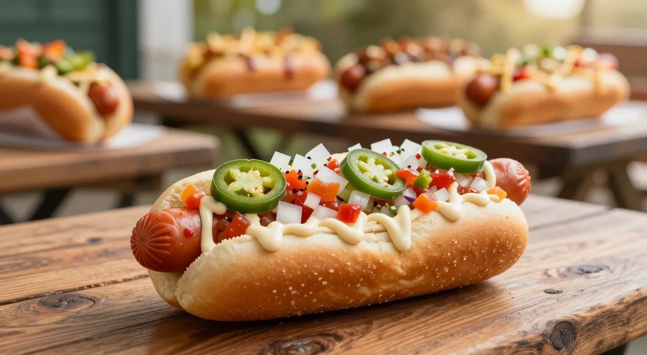 Cachorro-quente preparado com diferentes ingredientes e acompanhamentos, com outras versões variadas do lanche ao fundo.