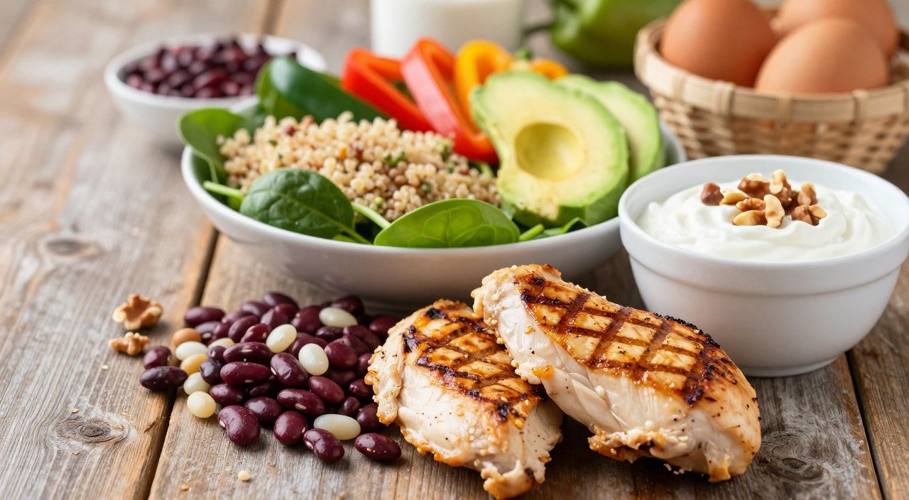 Quais alimentos são ricos em proteína? Mesa com alimentos ricos em proteína, incluindo frango, ovos, feijão, quinoa, iogurte, castanhas e vegetais.