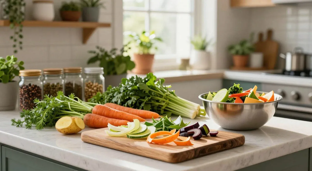 Cascas, talos e folhas de diferentes vegetais organizados sobre uma bancada de cozinha para serem aproveitados em preparações culinárias.