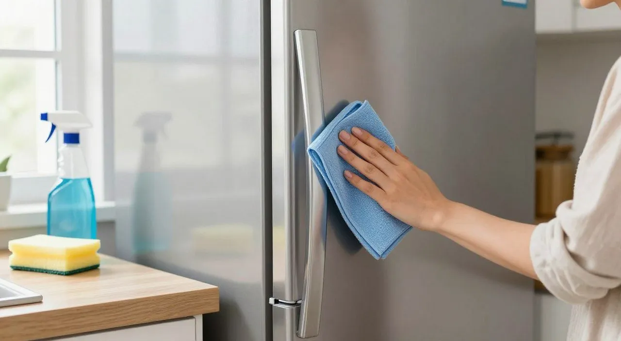 Pessoa limpando a parte externa de uma geladeira de aço inox, incluindo puxador, bordas e superfície da porta.