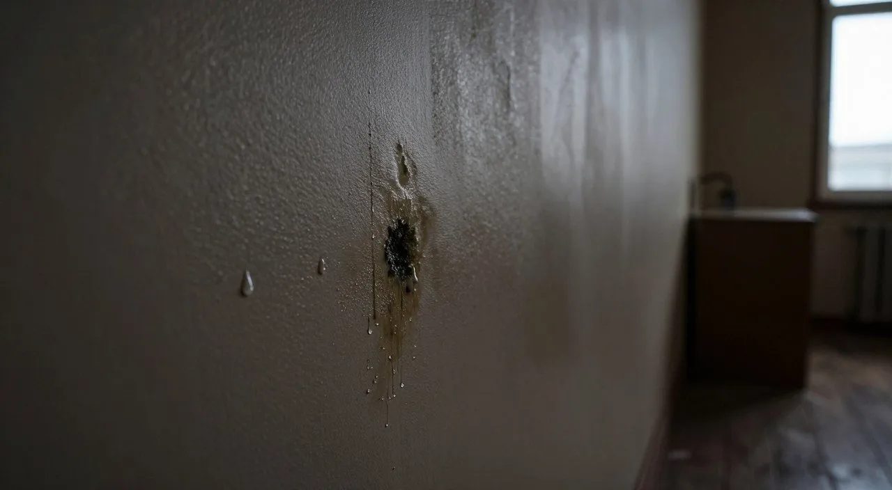 Parede interna com manchas de umidade, pintura descascando e pontos escurecidos próximos a uma janela.