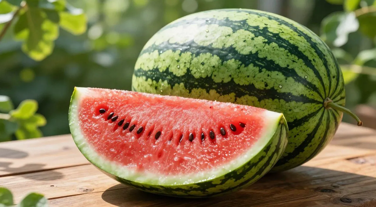 Melancia madura inteira e cortada, com casca verde e polpa vermelha, representando sinais que ajudam a identificar o ponto da fruta.