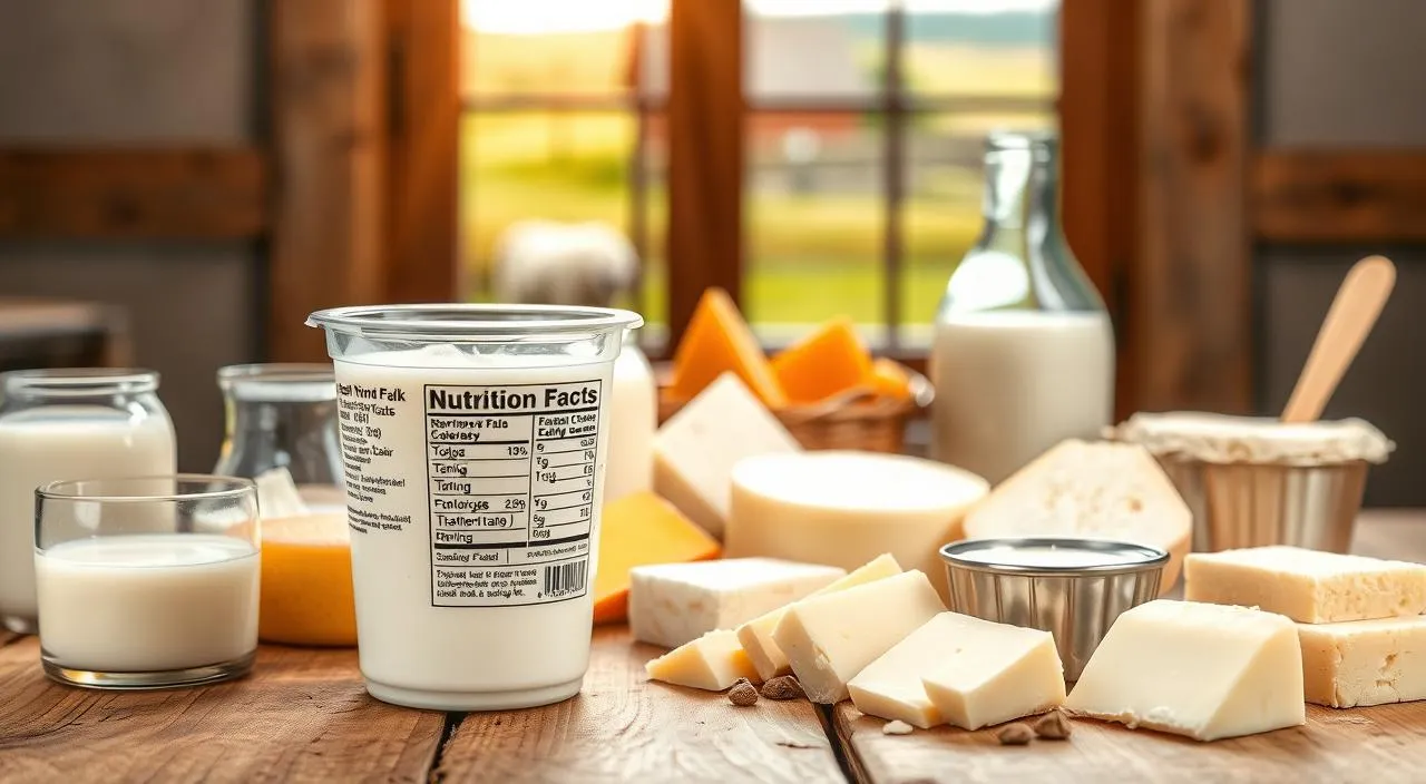 Leite, queijo, iogurte e manteiga acompanhados por uma embalagem com rótulo em destaque para leitura dos ingredientes.
