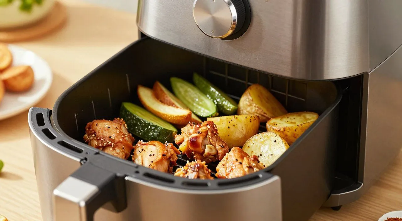 Cesto de air fryer com frango, batatas e vegetais, representando a influência da quantidade de alimentos no preparo.