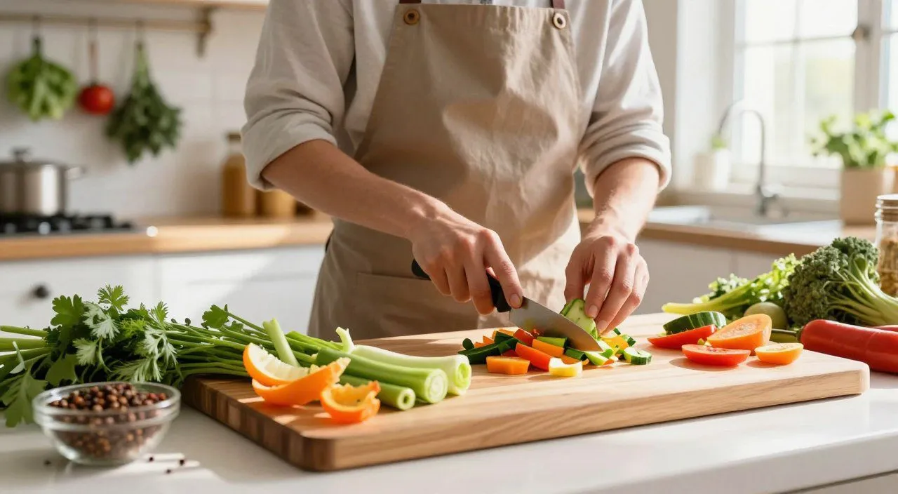 Cascas, talos e folhas de vegetais sendo aproveitados durante o preparo de alimentos em uma cozinha.
