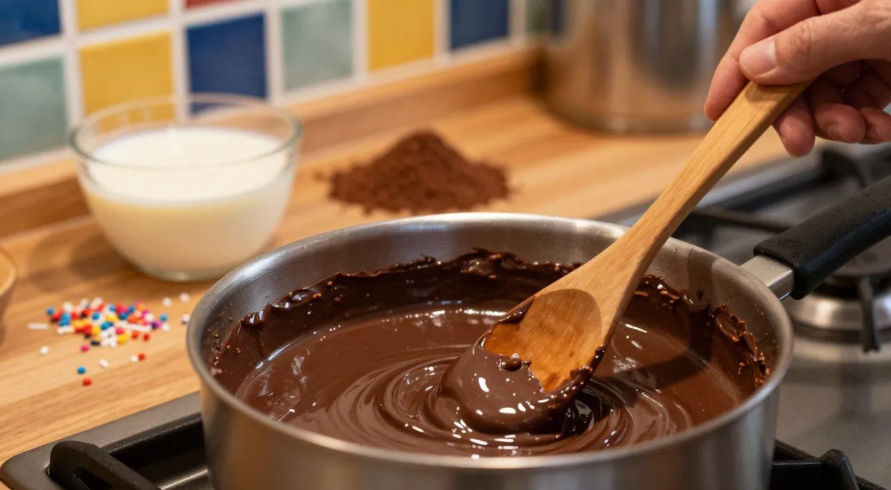 Brigadeiro sendo preparado na panela com textura brilhante e cremosa, acompanhado dos ingredientes utilizados na receita.