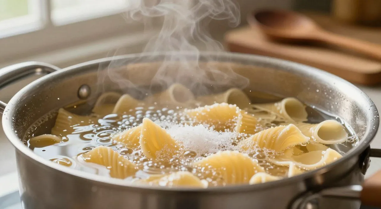 Macarrão cozinhando em água fervente com sal, ilustrando um dos cuidados para preparar uma massa mais saborosa.