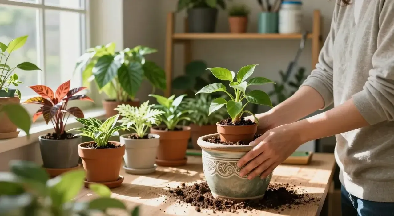 Planta sendo transferida de um vaso menor para um vaso maior durante o transplante
