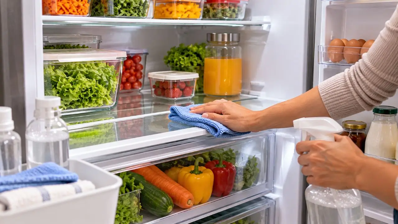 Pessoa limpando a geladeira por etapas com alimentos organizados