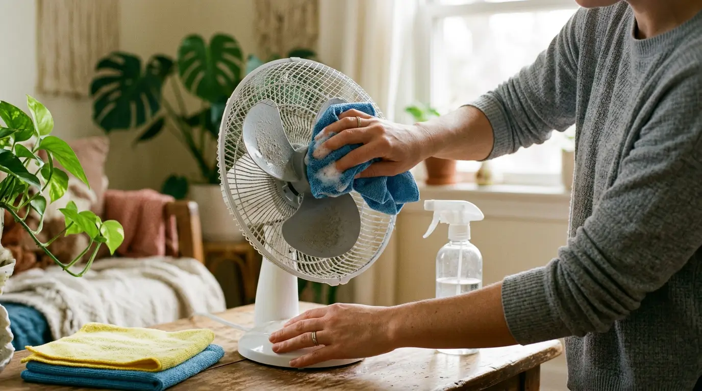 Ventilador de mesa sendo limpo com pano de microfibra para remover a poeira acumulada nas hélices e na grade.