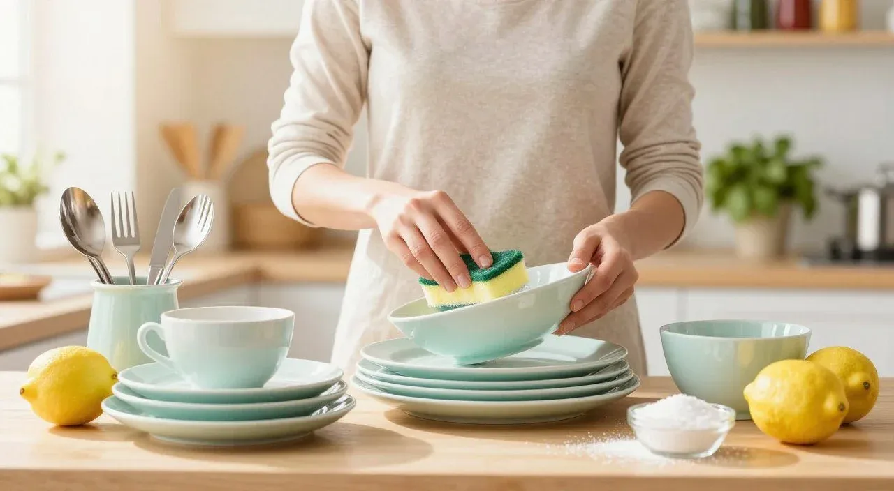 Louças e utensílios sendo lavados para remover cheiro de ovo