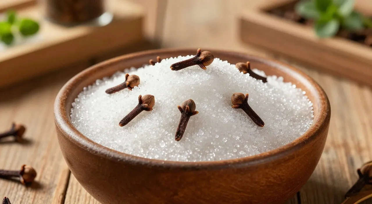 Açucareiro com açúcar granulado e cravos-da-índia inteiros sobre uma mesa de madeira.