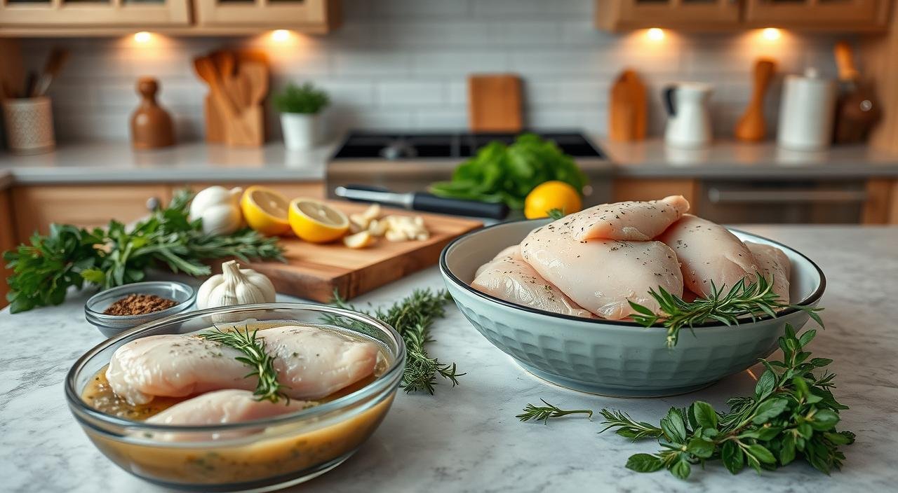 Peitos de frango sendo preparados com ervas, alho, limão e temperos sobre uma bancada de cozinha.